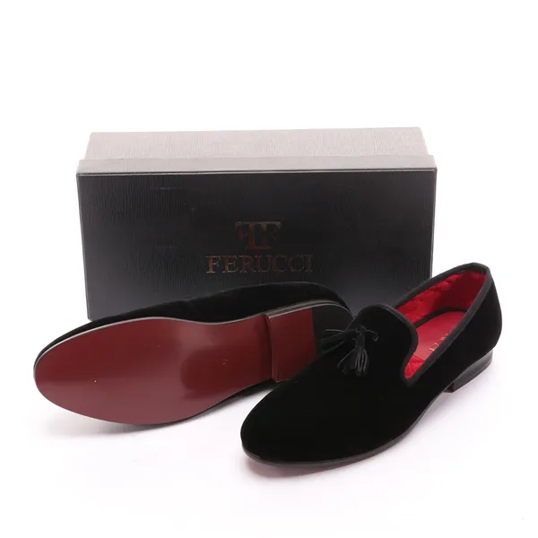 FERUCCI Men Red Velvet Slippers Loafers Flat with Red