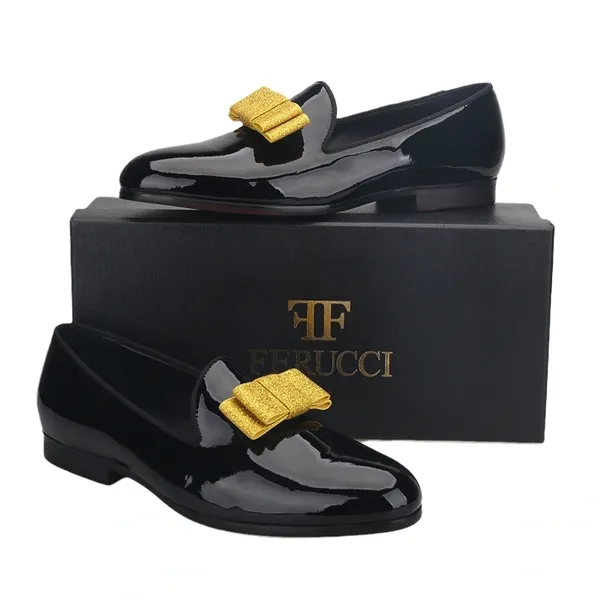 Black Leather Loafer Gold Bow