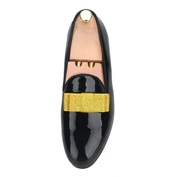 Black Leather Loafer Gold Bow