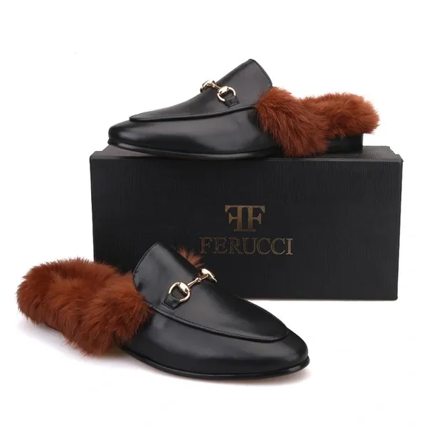 Black Leather Sandals With Horsebit and Fur