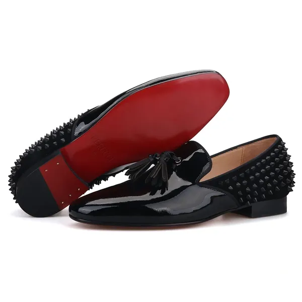 Black Studded Spiked Patent Leather With Tassel Loafer