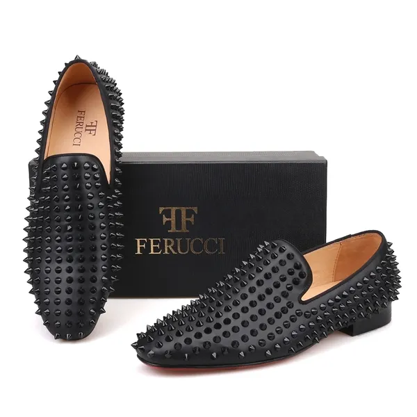  FERUCCI Men Black Velvet Slippers Loafers Flat with Gold Spikes  (6)